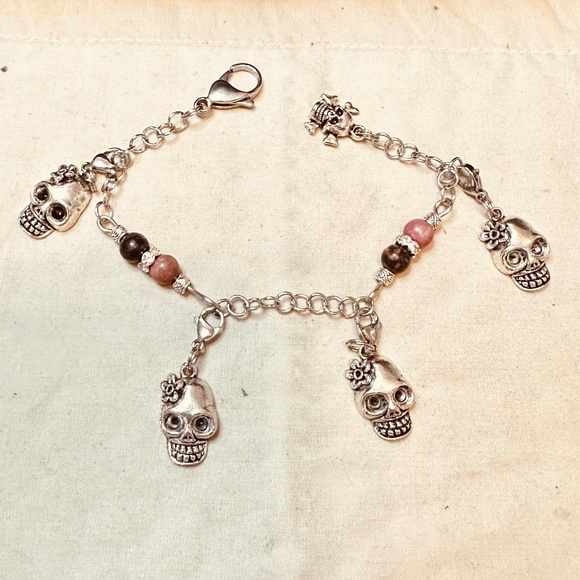 Stainless Steel Chain Link Bracelet Removable Skull Charms Round Rhodonite Beads - Picture 1 of 8